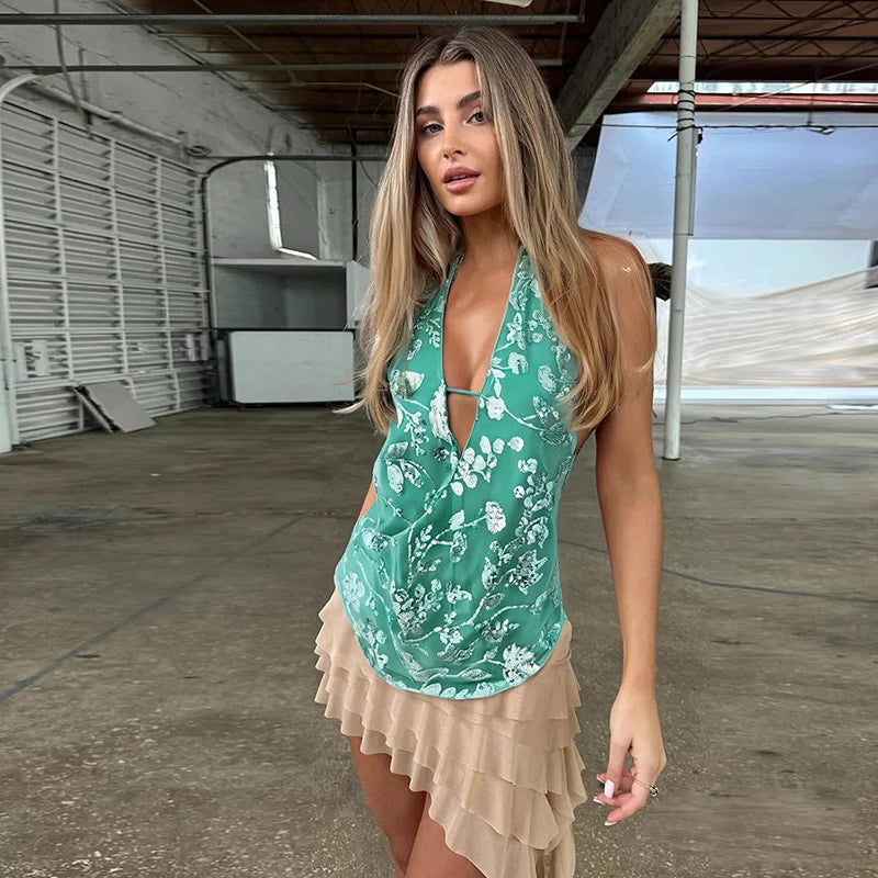 DGLUKE Green Sequin Top Women V-Neck Backless Crop Tops Summer Halter Neck Tank Top Camisole Sexy Glitter Shiny Club Party Tops