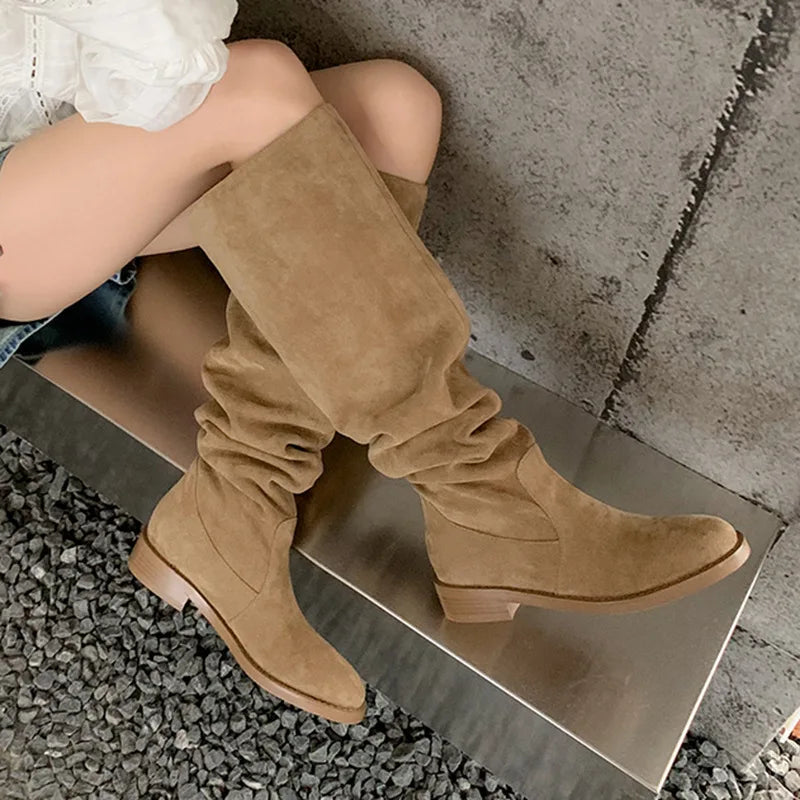 Arden Furtado Women's Brown Suede Knee High Boots Round Toe Low Heel Slouchy Ruched Wide Calf Over the Knee Boot