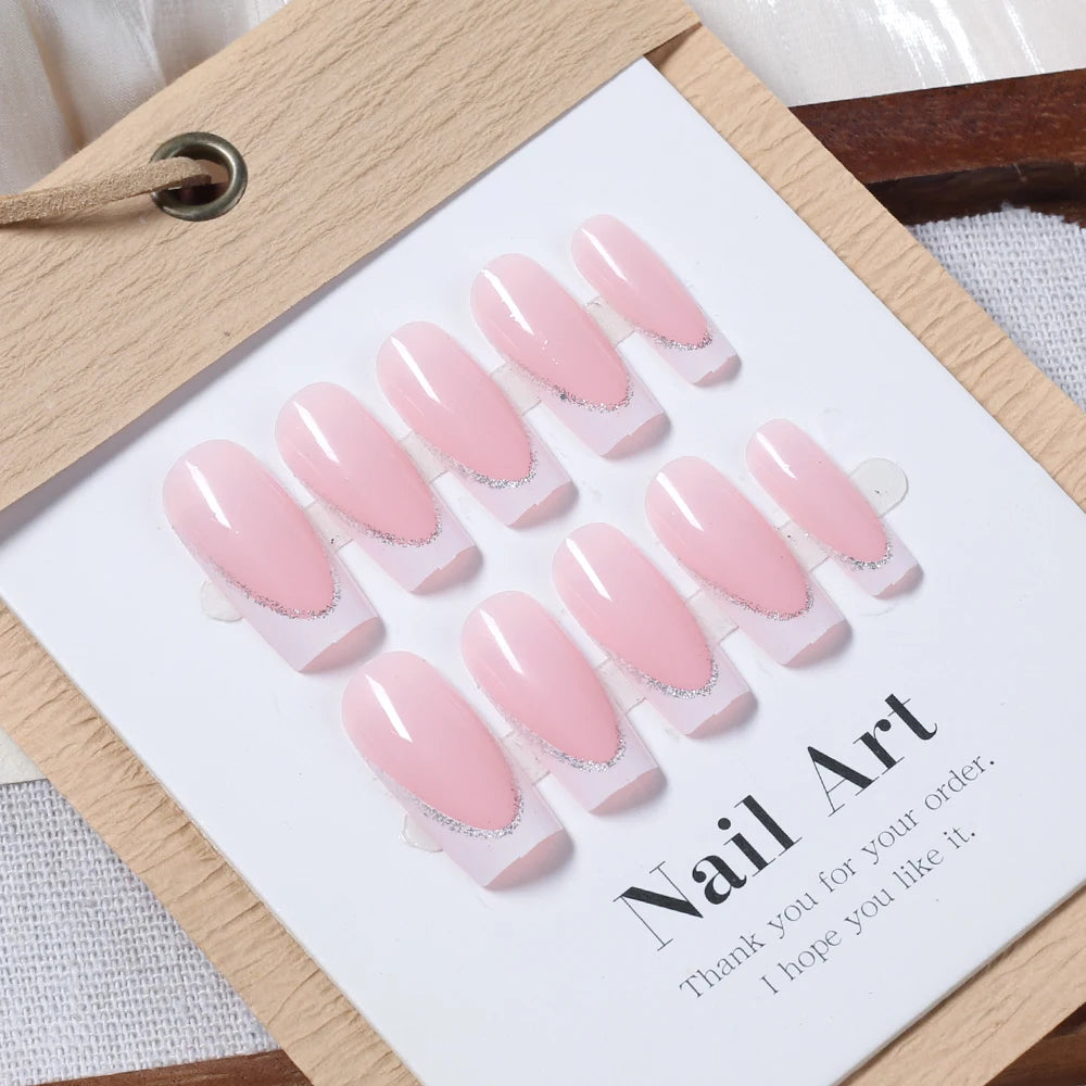 24Pcs Short Square Coffin False Nails French Glitter Wearable Fake Nails Acrylic Full Cover Women Ballet Press on Nails Tips