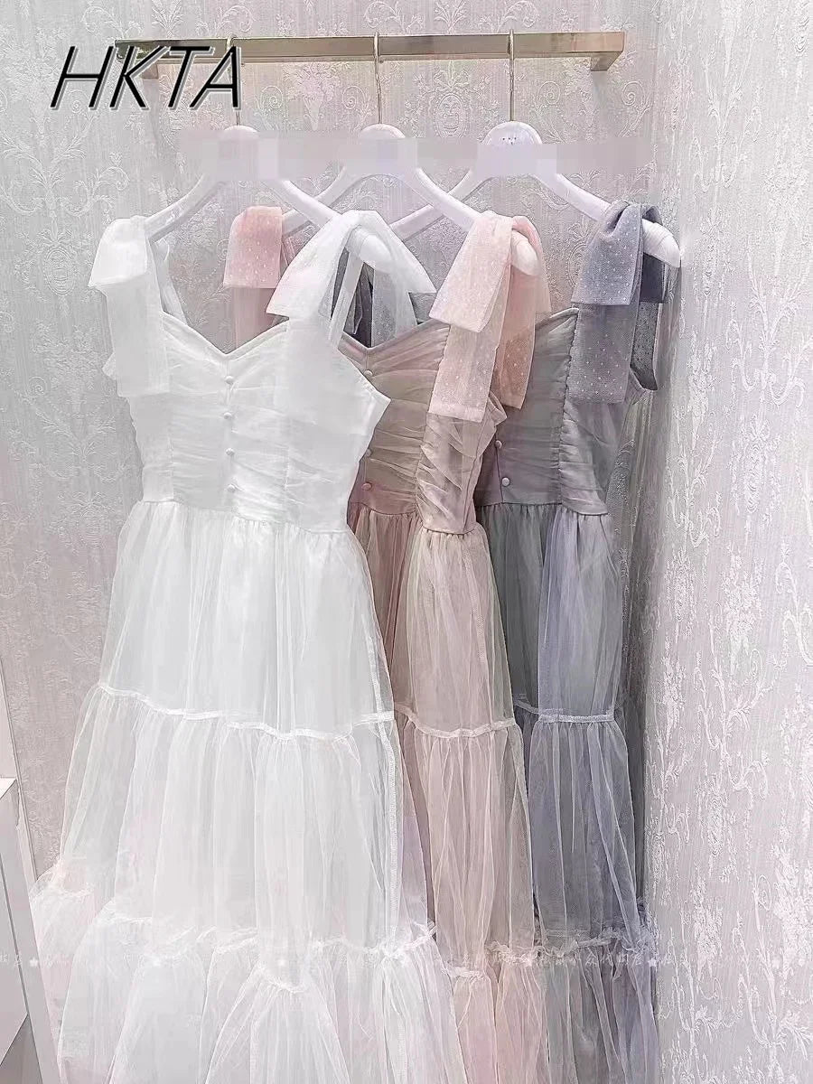 Japanese Style Niche Women Dresses Spring Summer Autumn Girl Sweet Bow Mesh Dress Lolita Cute Fairy Long Suspender Dress