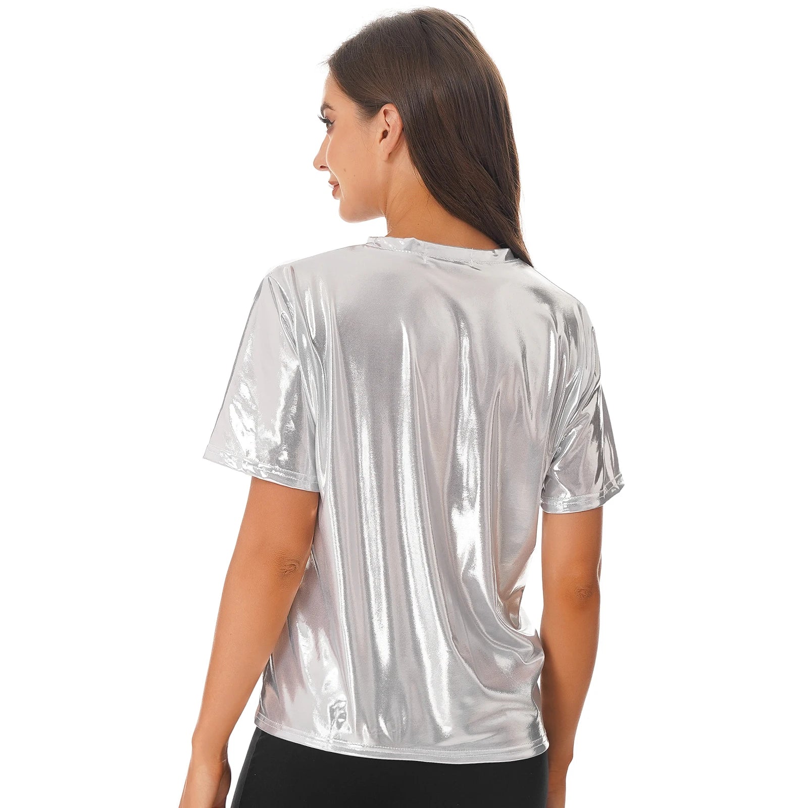 Women Shiny Metallic Silver Short Sleeve T-shirt Sexy Round Neck Glossy Solid Color Tops for Dance Party Rave Festival Clubwear