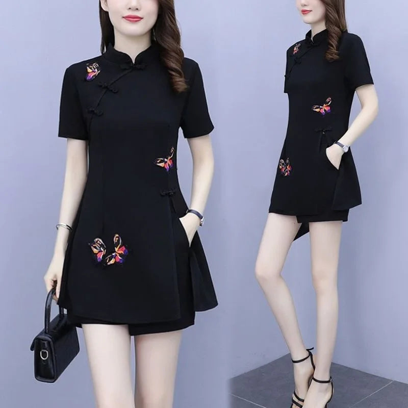 Women's Suit Chinese Style Clothes Two Piece Sets 2025 Summer New Crop Top And Shorts Retro Cheongsam Outfits Matching For Women