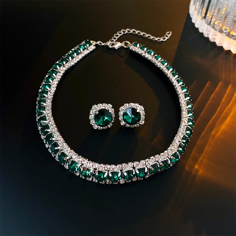 Luxury Green Rhinestone Necklace Stud Earrings For Women Crystal Choker Necklaces Ladies Fashion Weddings Banquet Jewelry Set K