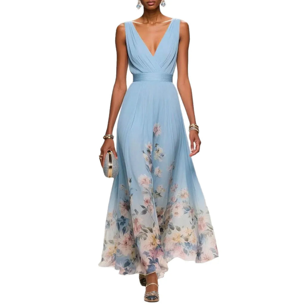 Womens Boho Halter Hollow Vacation Dresses Spring Floral Print High Waist A-Line Pleated Dress Summer Sleeveless Long Maxi Dress