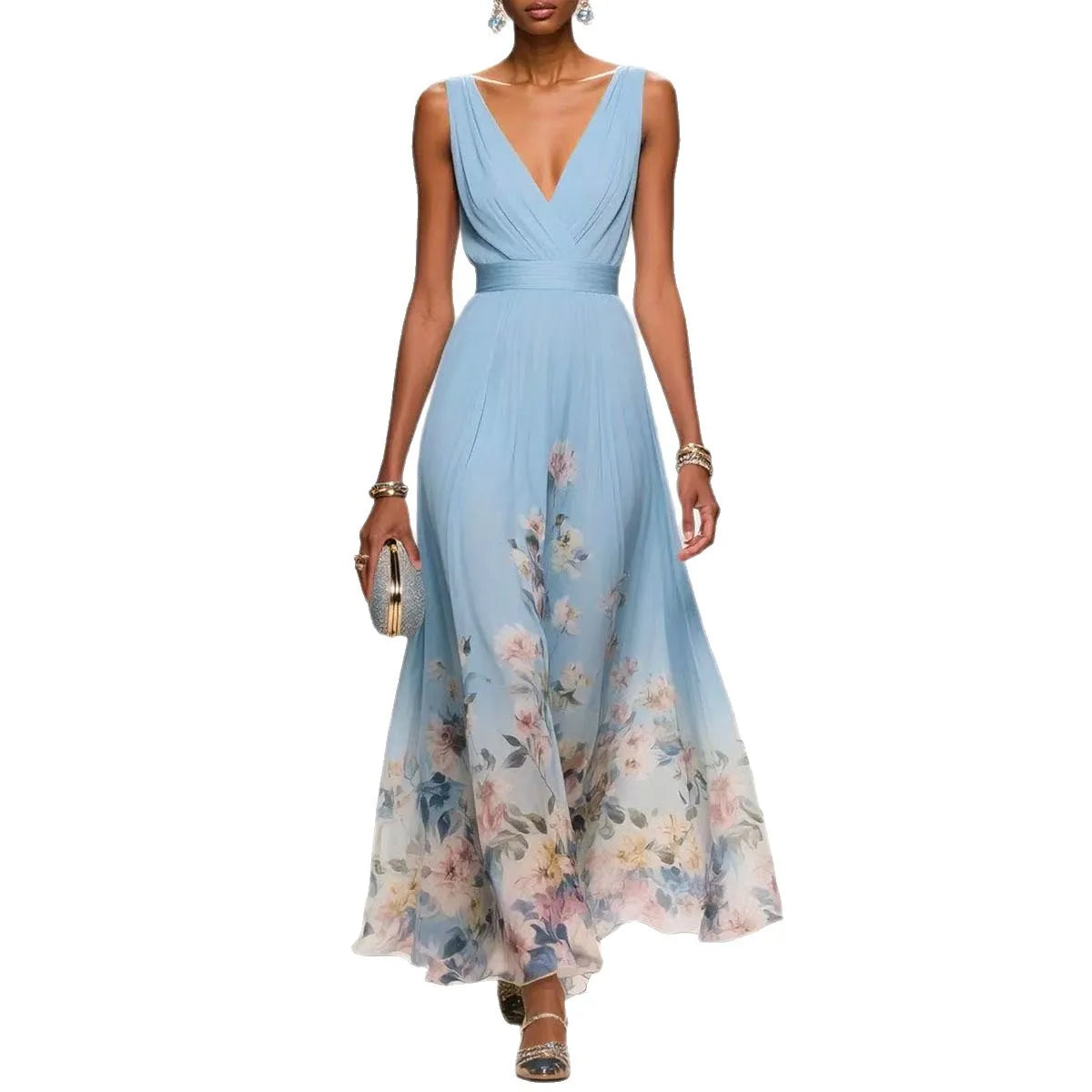 Womens Boho Halter Hollow Vacation Dresses Spring Floral Print High Waist A-Line Pleated Dress Summer Sleeveless Long Maxi Dress