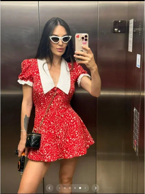 V-neck Peter Pan Collar Red Floral Print Puff Sleeve A-line Mini Dress High Waist Women's Casual Dresses 2026 Lady Date Vestidos