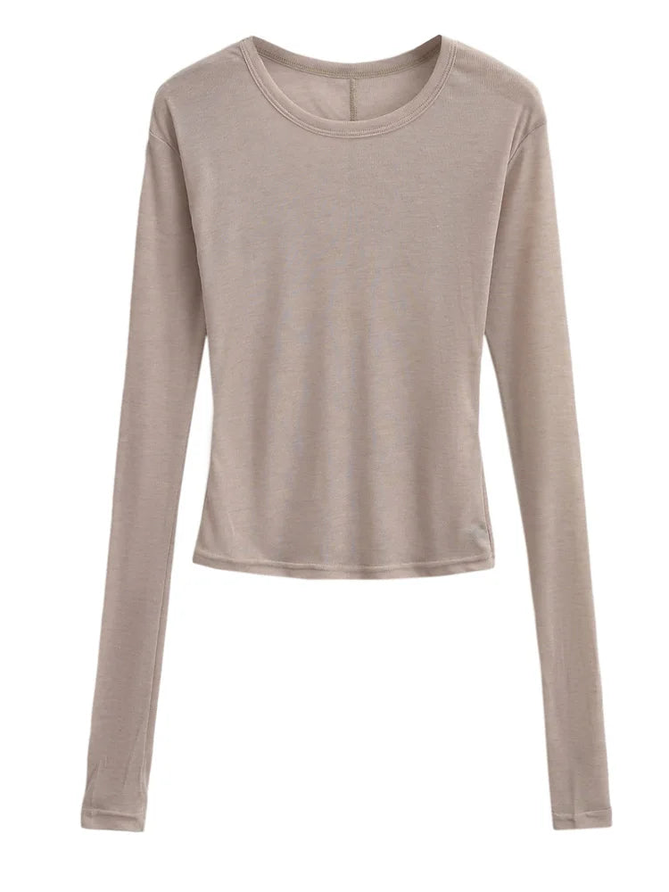 Spring and summer women's round neck slim fit long sleeved semi transparent T-shirt