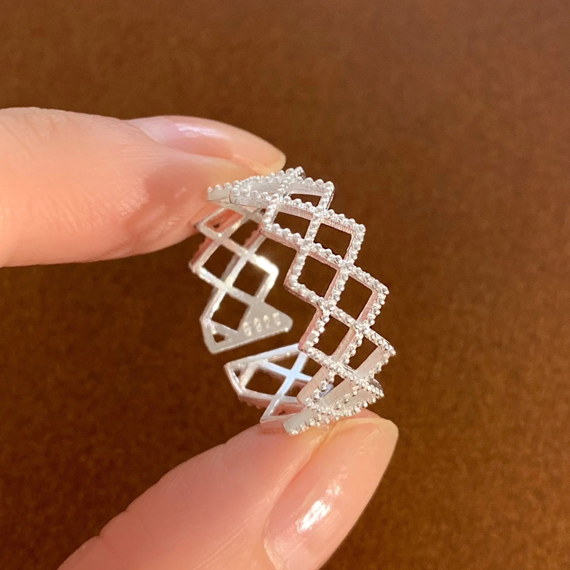 925 Sterling Silver Rings For Women Geometric Fine Jewelry Finger Adjustable Hollow Web CZ Ring For Party Birthday Gift