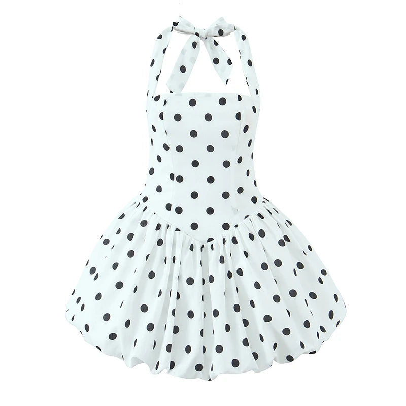 YENKYE Sexy Backless Polka Dot White Halter Ball Gown Dress Women Lace Up Back Elegant Party Dresses Summer Robe