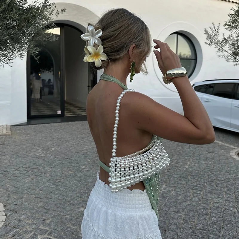 DGLUKE Green Sequin Top Women V-Neck Backless Crop Tops Summer Halter Neck Tank Top Camisole Sexy Glitter Shiny Club Party Tops