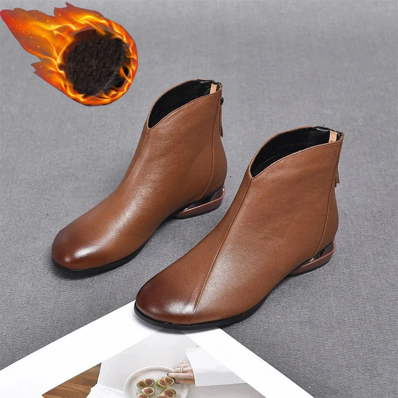 Fashion Ladies Ankle Boots Soft Sole Female Leather Short Boot 2023 New Autumn Winter Warm Plush Low Heel Booties Women Footwear