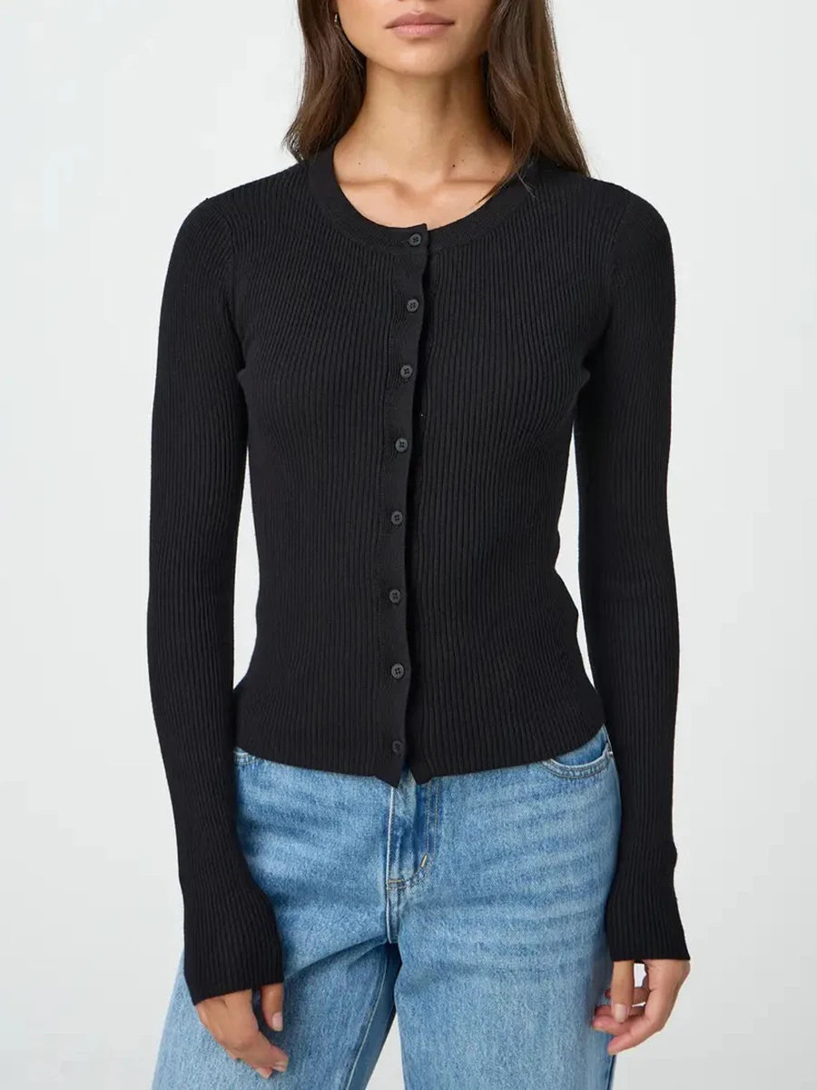 Women's Ribbed Cardigan Tops Spring Fall Solid Color Long Sleeve Round Neck Button Up Cropped Sweaters Female Casual Pullovers