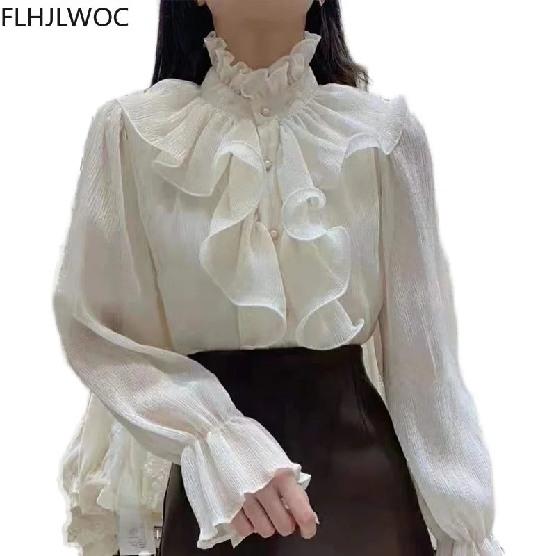 2023 Women Korean Style Design Clothes Flare Sleeve Elegant Office Lady Cute Sweet Basic Shirts Blouses