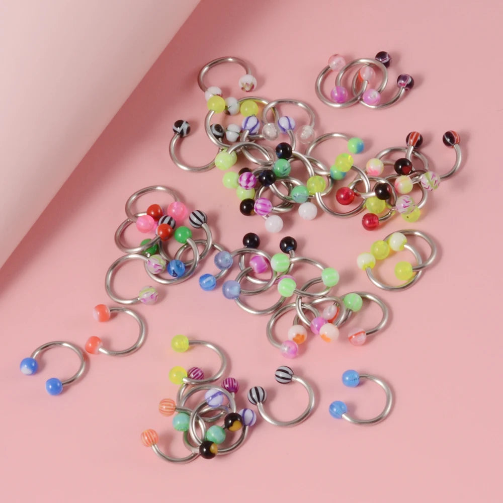 50 Pcs/Lot Mixed Colorful Ball Horseshoe Nose Ring Set Simple Nose Piercing Jewelry Steel Acrylic Nose Studs Body Jewelry