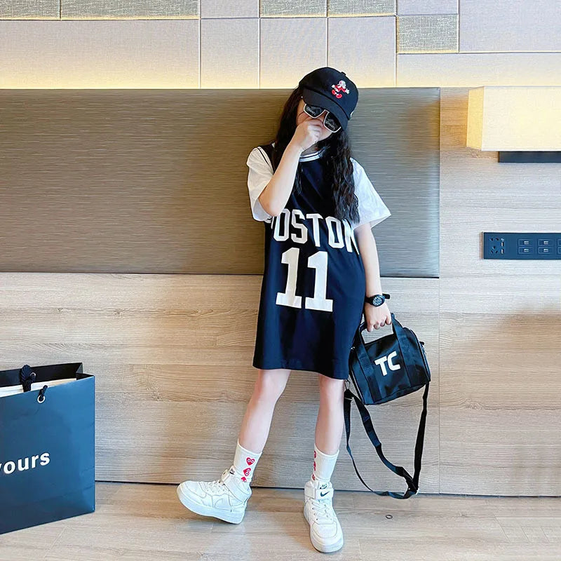 2026 Summer Girls Long T-shirt Dress Korean Cotton Short Sleeved Children Patchwork Letter Casual 6 8 10 12 14 Year Kids Tops
