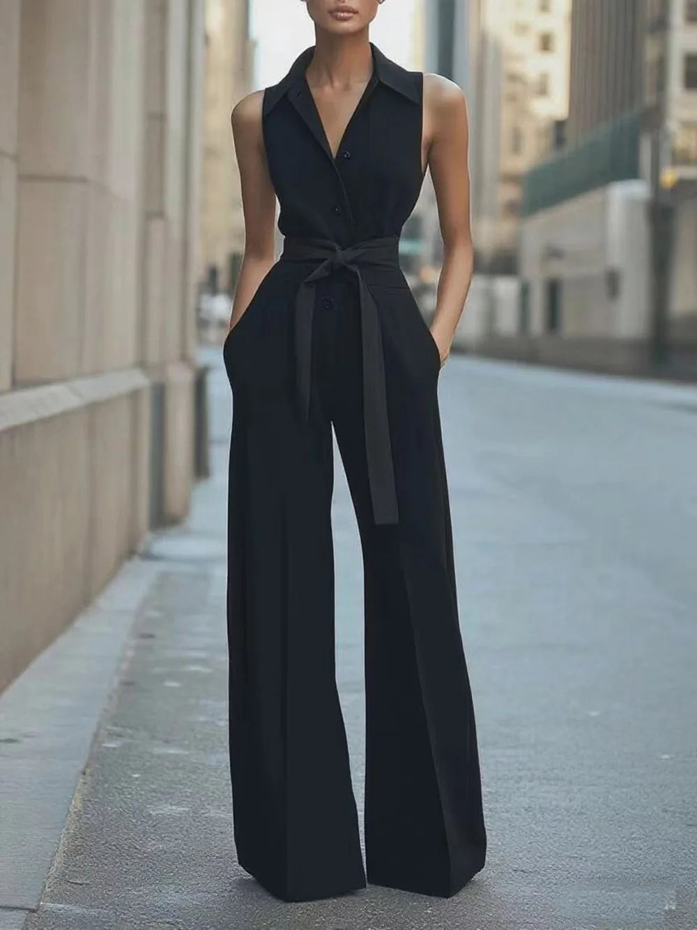 Women's Jumpsuit Solid Color Fashionable High-waisted Single-breasted Waisted Casual Commuting Workplace Business Sexy Rompers