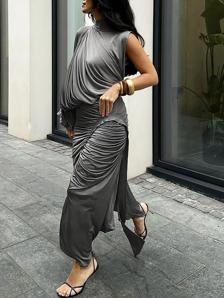 kliou Unique Irregular Women 2 Piece Set Solid Swinging Pleated Single Full Sleeve Turtleneck Tops+Matching Split Maxi Skirts