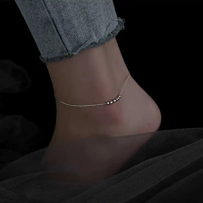 Minimalist Slender 925 Sterling Silver Six Round Bead Anklets for Woman Girls Korean Fashion Summer Jewelry Foot Accessory Gifts