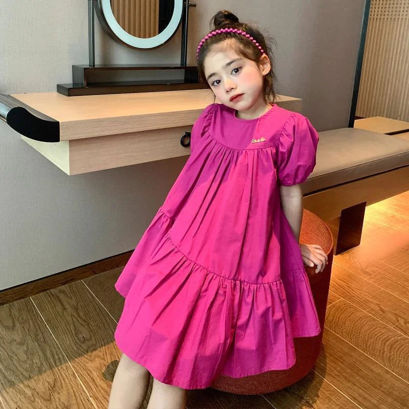 Summer Girls Dress Spring Children Sweet Princess Gown Kids Casual Short-sleeve Vestidos Baby Girl Solid Color Clothing Dresses