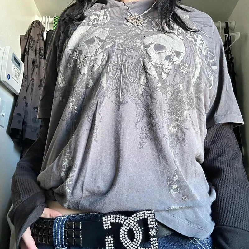 Cyber Y2K Grunge Mall Goth Top Patchwork Full Sleeve Baggy Pullovers Tees Japanese Edgy 00s Retro E-girl Gothic Emo T-shirt