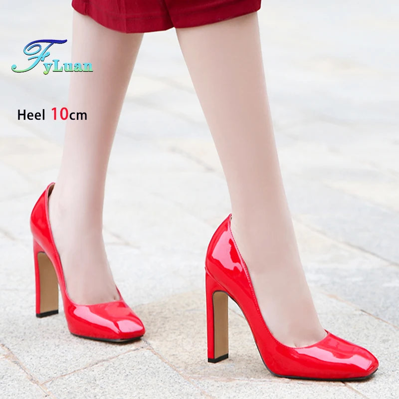 Square Head Single Shoes For Women 10CM Thick Heeled Shallow Mouth Model Shoes Designer 2025 Office Lady Pumps Summer High Heels