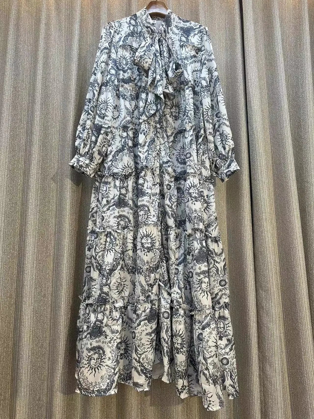 Clearance Temperament Women Lantern Long Sleeves O-Neck Slim Single Breasted Print Maxi Dress Elegant Vintage Chic Spring Dress