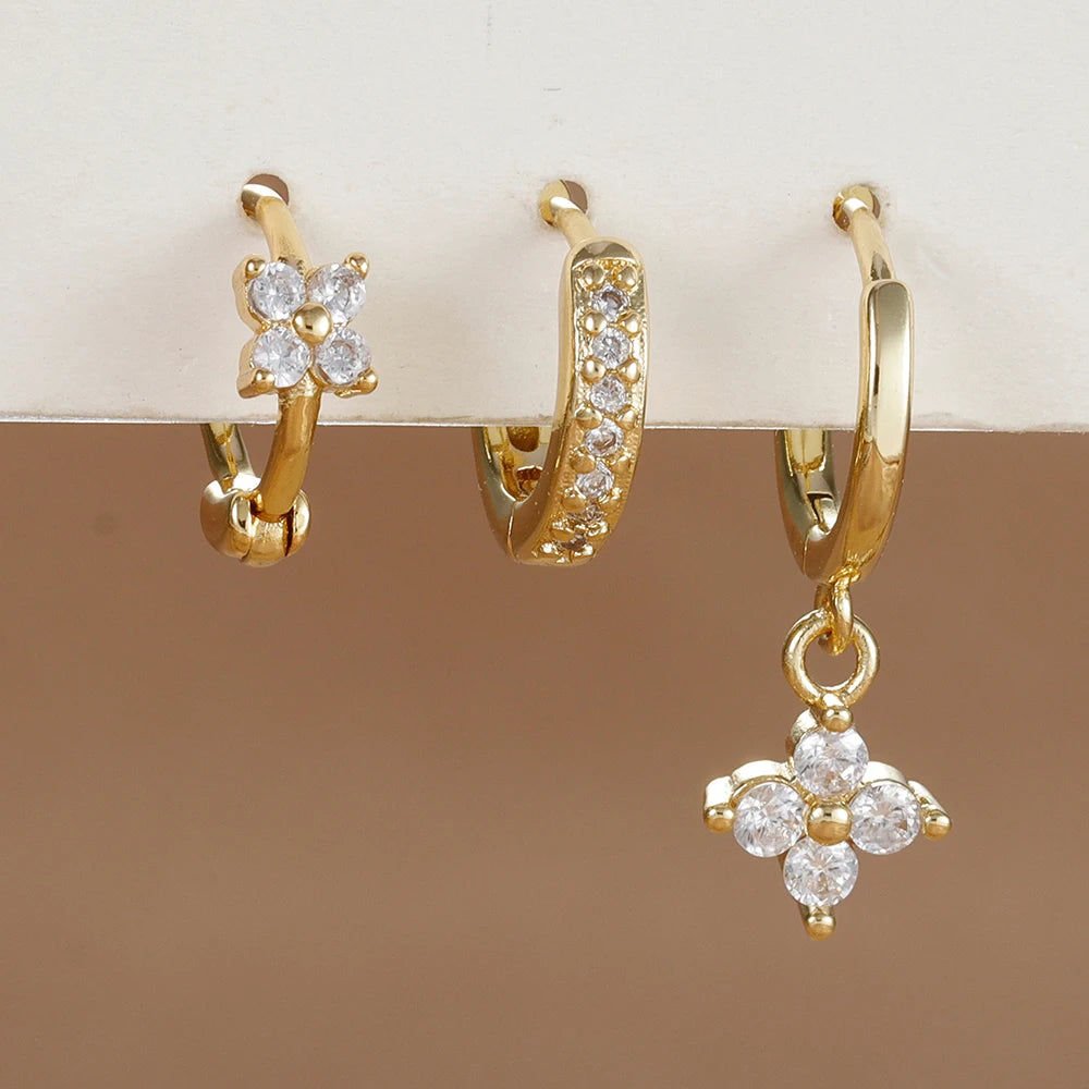 3PCS Trendy Stainless Steel Flower Drop Earring Set For Women Crystal Zirconia Dangle Earring Hypoallerg Piercing Jewelry aretes