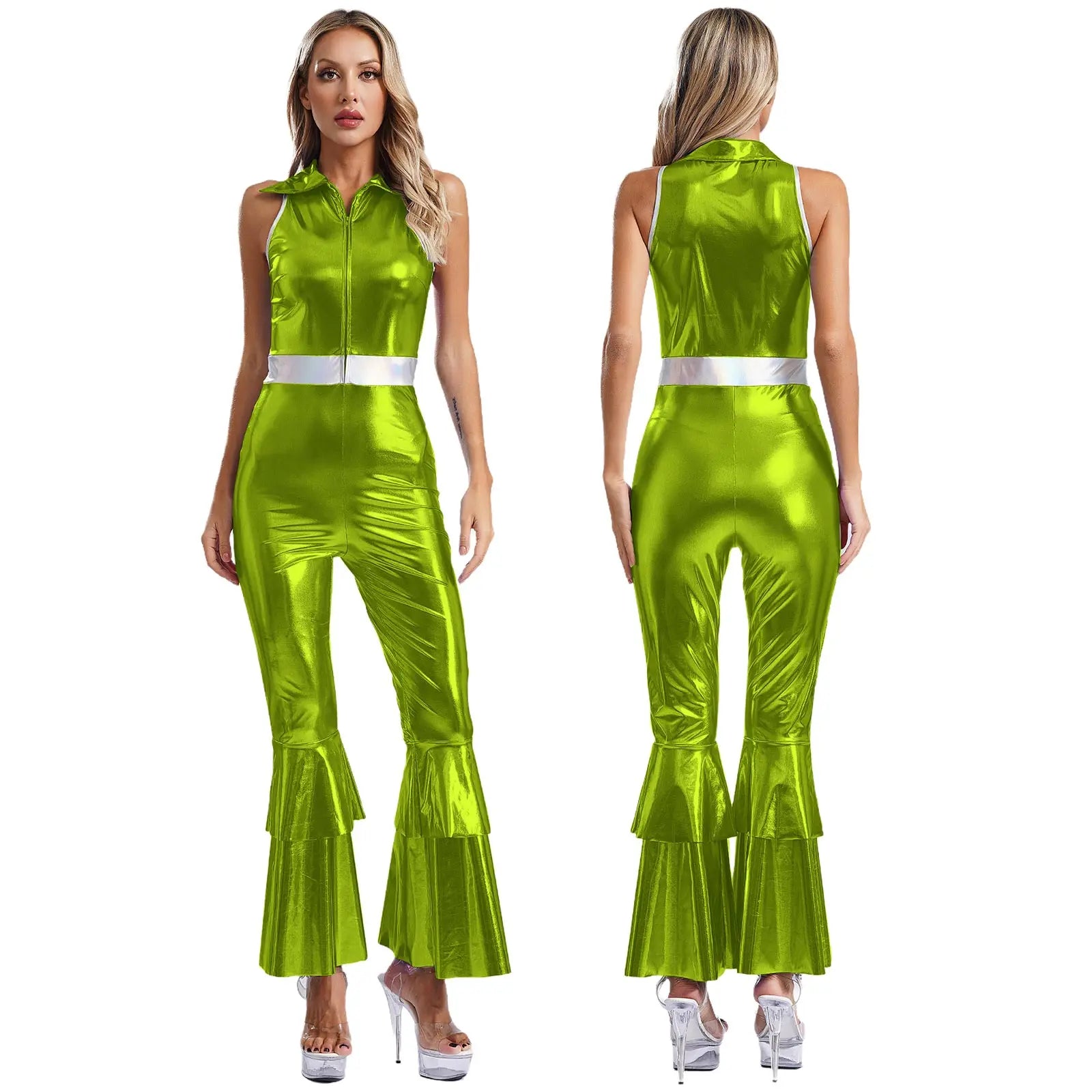 70 80s Disco Classical Vintage Jumpsuit Women Shiny Metallic High Waist Flared Bell-bottomed Rompers Playsuits for Dance Cosplay