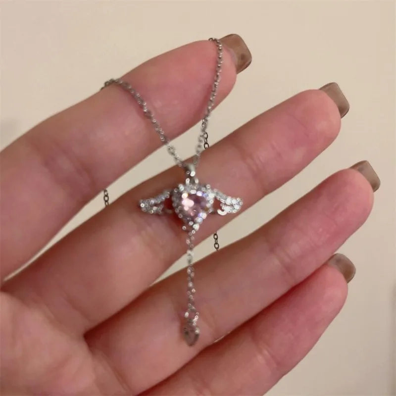 2PCS 925 Sterling Silver Heart Angel Wings Pendant Choker Necklaces for Woman Girls Party Jewelry Accessories Jewellery Women