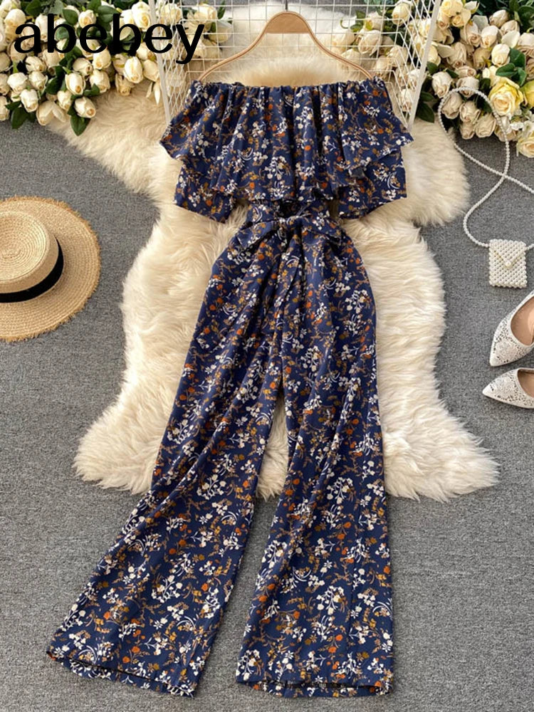 Women Jumpsuit Rompers Summer Casual Floral Print Off Shoulder Ruffles Lace-up Sashes Wide Leg Holidays Loose Jumpsuits