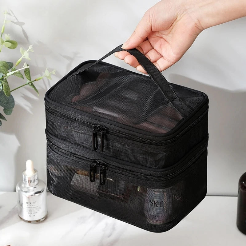 Bathroom Travel Mesh Makeup Storage Bag Cosmetics Make Up Skincare Organizer Box Plastic Container Handbag For Women Men