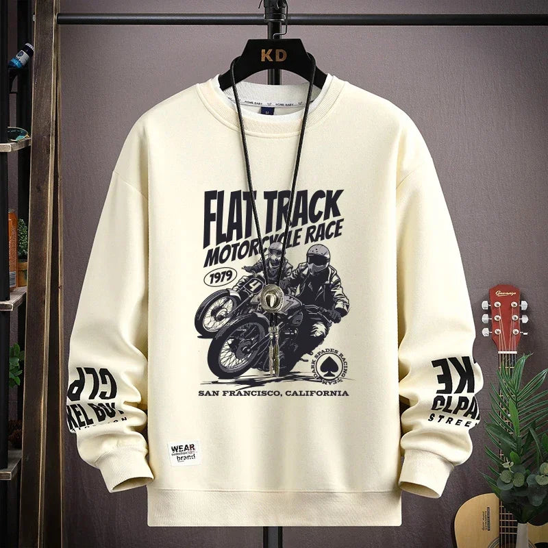 Autumn Men's Motorcycle Graphics Sweatshirt Hoodies Retro Printed Long Sleeve T-shirt Men's Clothing Black O Neck Harajuku Top