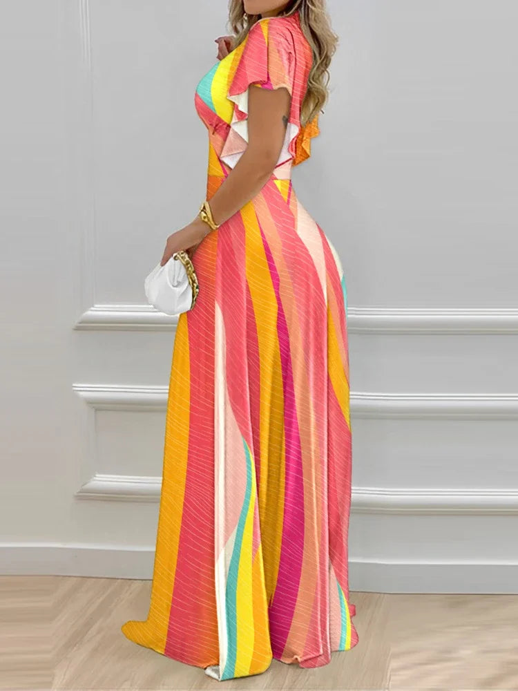 Elegant Women's Dresses Summer Fashion Split Sleeve Pearls Decor Plants Print Split Sleeve Casual V-Neck Half Sleeve Maxi Dress