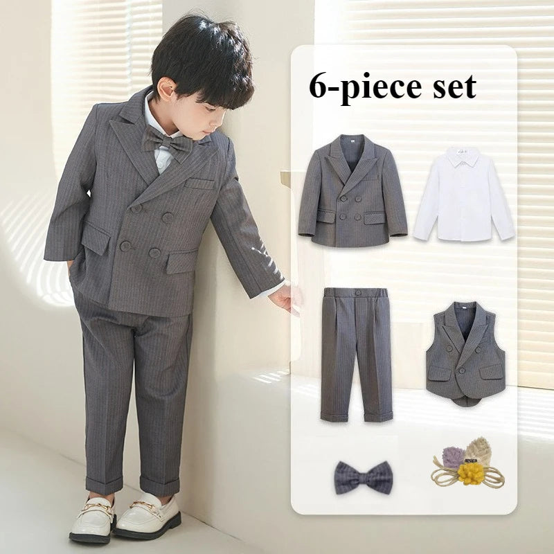 Boys Strap Pants Suit Fashion Gray Stripe Kids Weddings Blazers Set 2-12 Years Children School Uniform Toddler Birthday Outfits