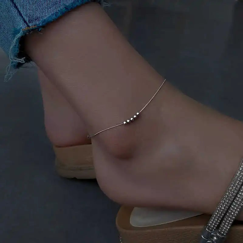 Minimalist Slender 925 Sterling Silver Six Round Bead Anklets for Woman Girls Korean Fashion Summer Jewelry Foot Accessory Gifts