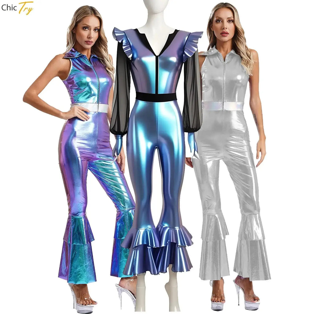 70 80s Disco Classical Vintage Jumpsuit Women Shiny Metallic High Waist Flared Bell-bottomed Rompers Playsuits for Dance Cosplay