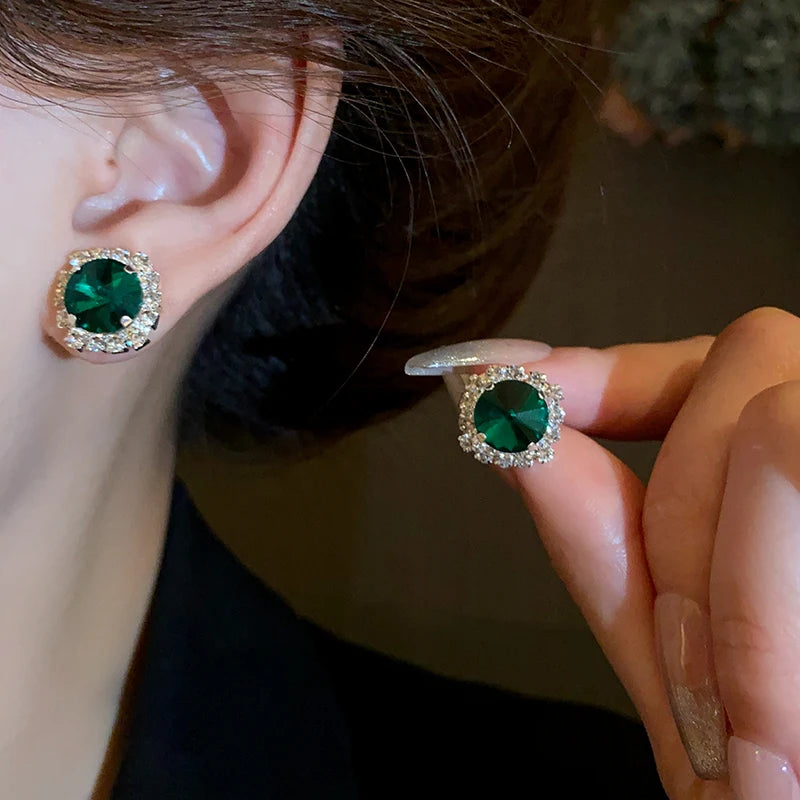 Luxury Green Rhinestone Necklace Stud Earrings For Women Crystal Choker Necklaces Ladies Fashion Weddings Banquet Jewelry Set K