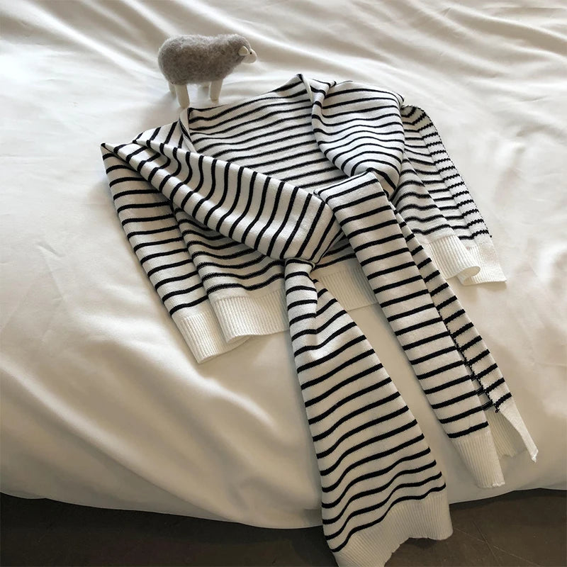 Women Blouse Shoulders Korean Style Knitted Shawl Fake Collar Cape Knotted Scarf Stripe Neck Guard Scarve Clothes Decoration