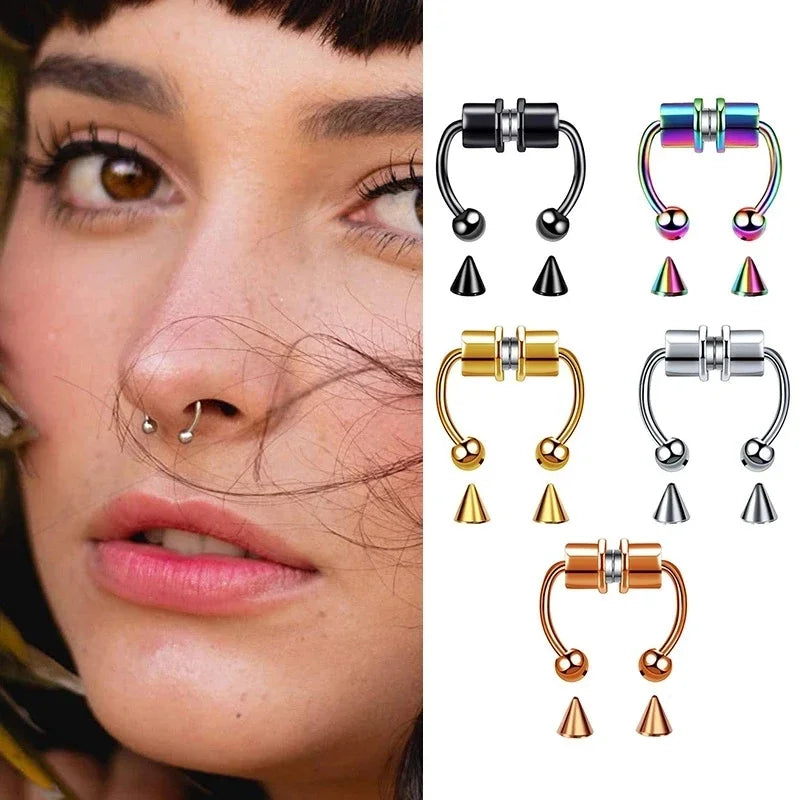 2pc Women Fake Piercing Nose Ring Hoop Septum Non Piercing Nose Clip Rock HipHoop Lip Septum Nose Rings Body Jewelry