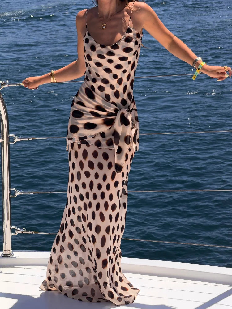 Women Polka Dot Maxi Dress Spaghetti Strap Cowl Neck Ruched Side Drawstring Bodycon Sheer Mesh Summer Beach Vacation Party Dress