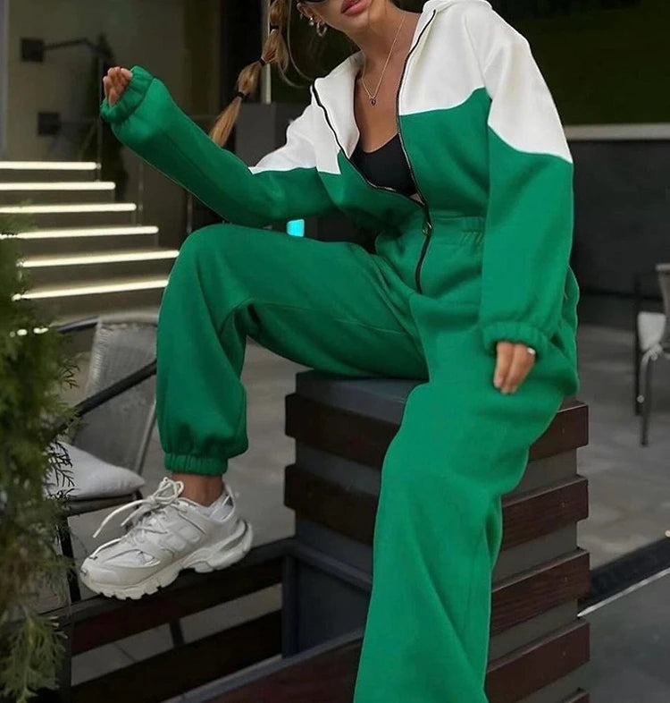Women'S Jumpsuits Casual Sporty Sweatershirt Hoodies Suits Spliced Colored Zipper Long Pants Rompers Playsuits Autumn Winter y2k