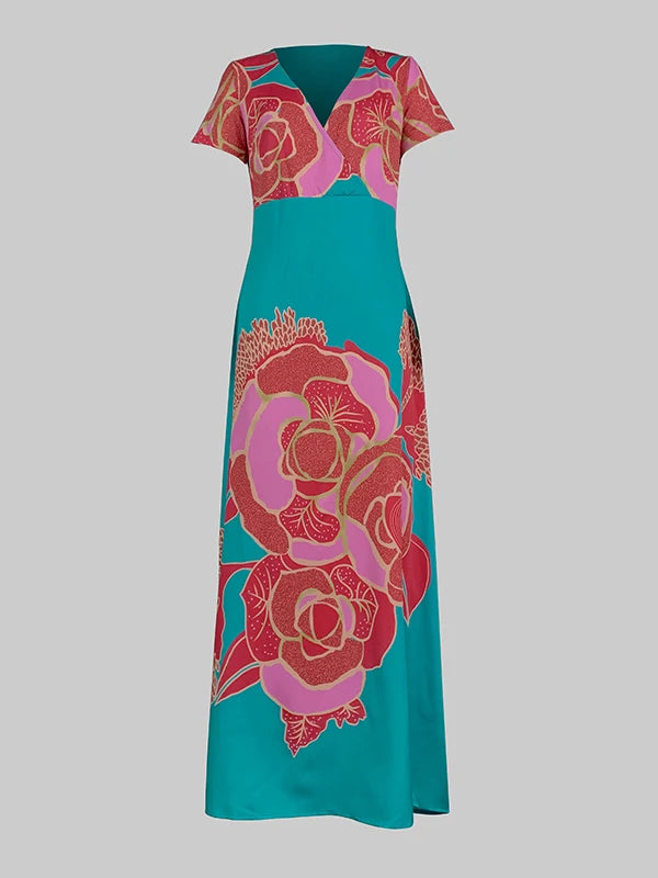 Freeacy Floral Printed Elegant Evening Dresses for Women Deep V-neck Short Sleeves High Waist Pleated Dress Slim Fit Maxi Dress