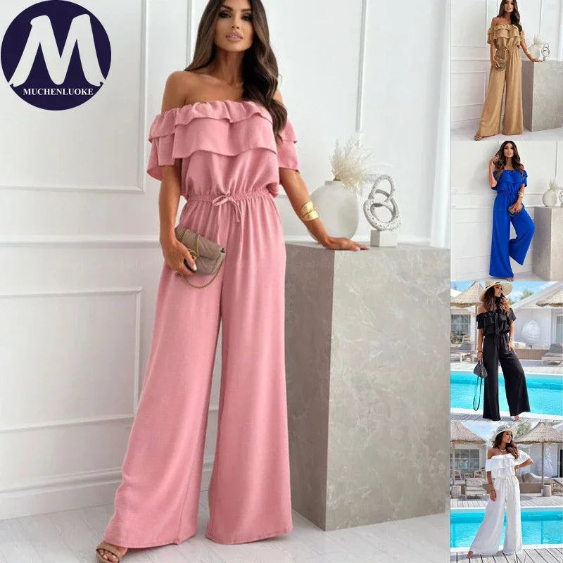 Summer Off-Shoulder Jumpsuit for Women Short-Sleeved Flounce Slim Fit Elastic Waist Fashionable Casual Jumpsuits