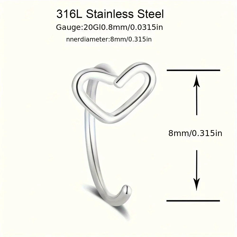 1pc Simple Heart-Shaped Nose Ring 20G Stainless Steel Piercing Jewelry for Women Daily Wear Body Piercing Accessory