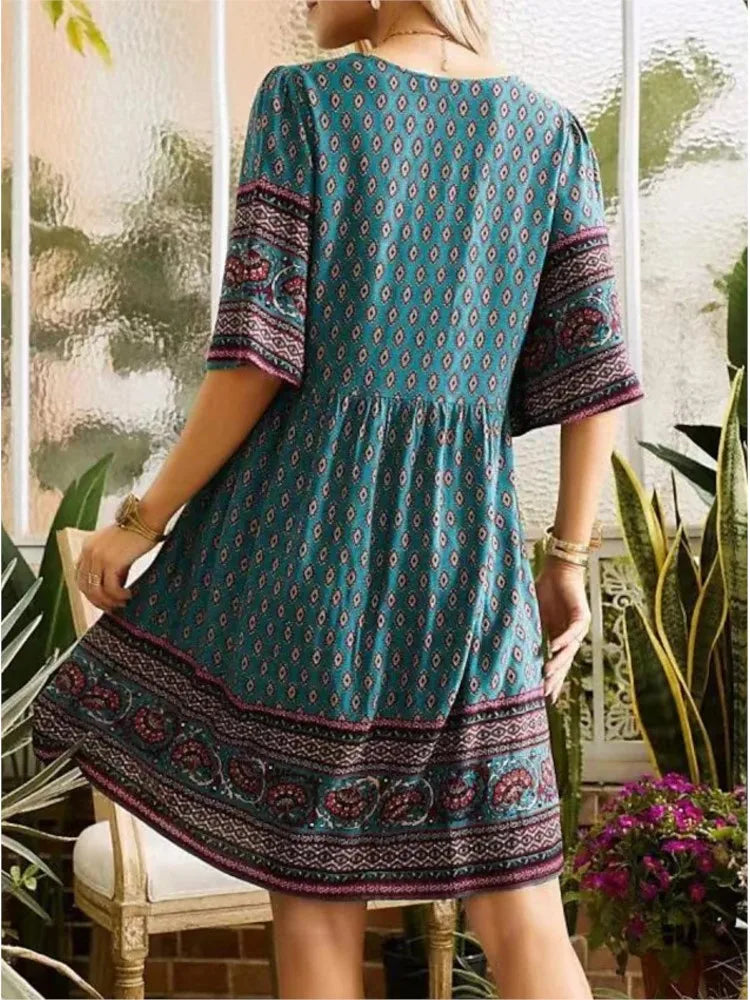Bohemian Vintage Printed Dress Women's V-Neck Short Sleeved Mini Dresses Elegant Summer Casual Loose Party Dress Robe Femme