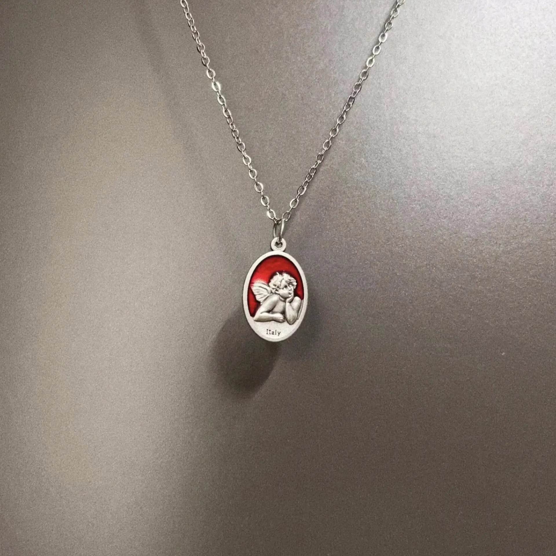 Vintage Temperament Sliver Color Double-sided Little Angel Fairy Relief Oval Pendant Necklace for Women Men Collar Chain Jewelry