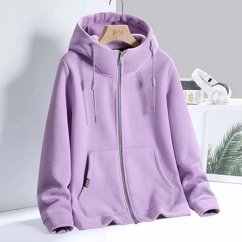 Solid Cashmere Fleece Hoodies Women Sweatshirt Autumn Winter Jacket Breathable Leisure Walk Warm Hooded Zipper Top Lady Coat
