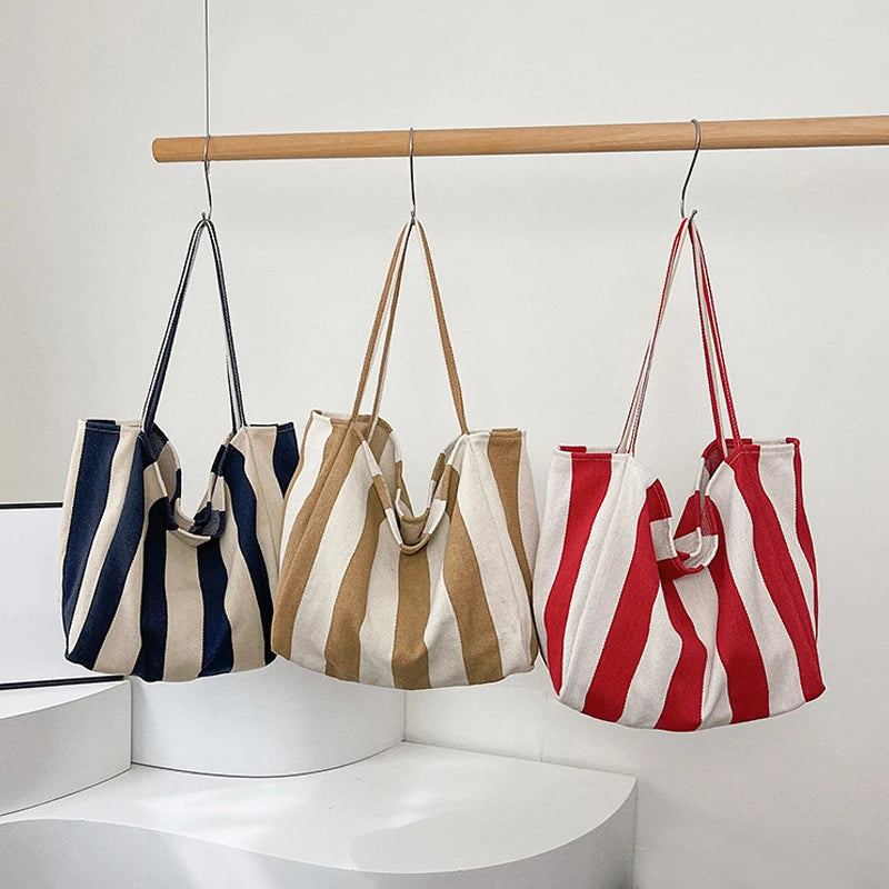 Summer Stripe Canvas Tote Bag Female Casual Large Capcity Simple Shoulder Bags Shopping Handbag Daily Totes Bag