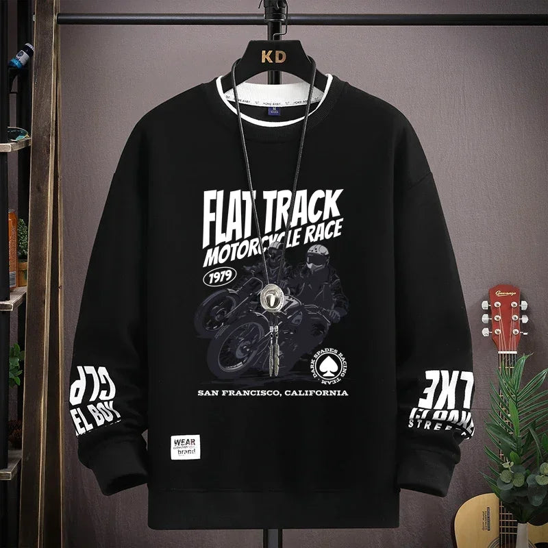 Autumn Men's Motorcycle Graphics Sweatshirt Hoodies Retro Printed Long Sleeve T-shirt Men's Clothing Black O Neck Harajuku Top
