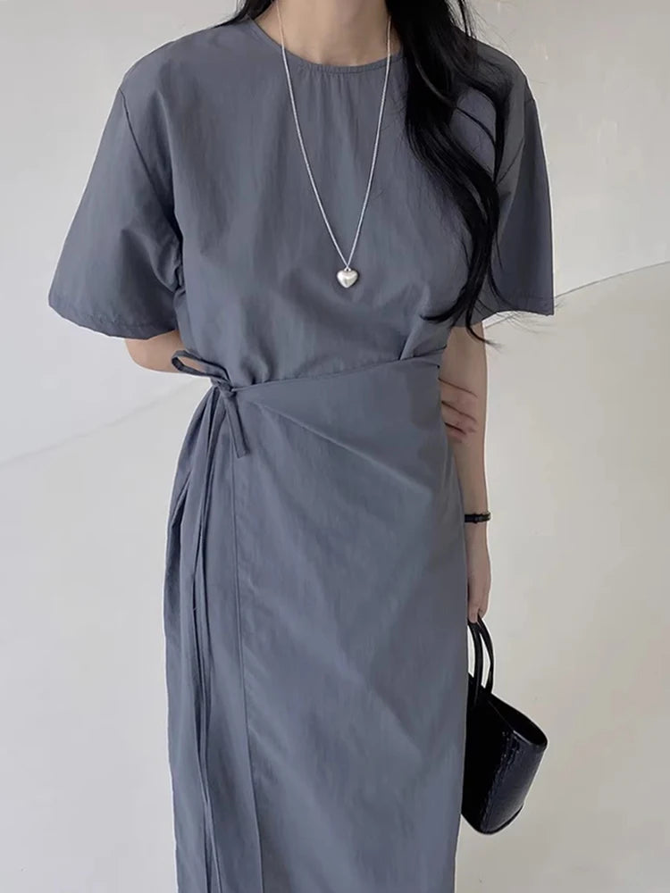 Korean Style Dress For Women Solid Gathered Waist Lace Up Minimalist Versatile Female Dresses 2024 Summer New